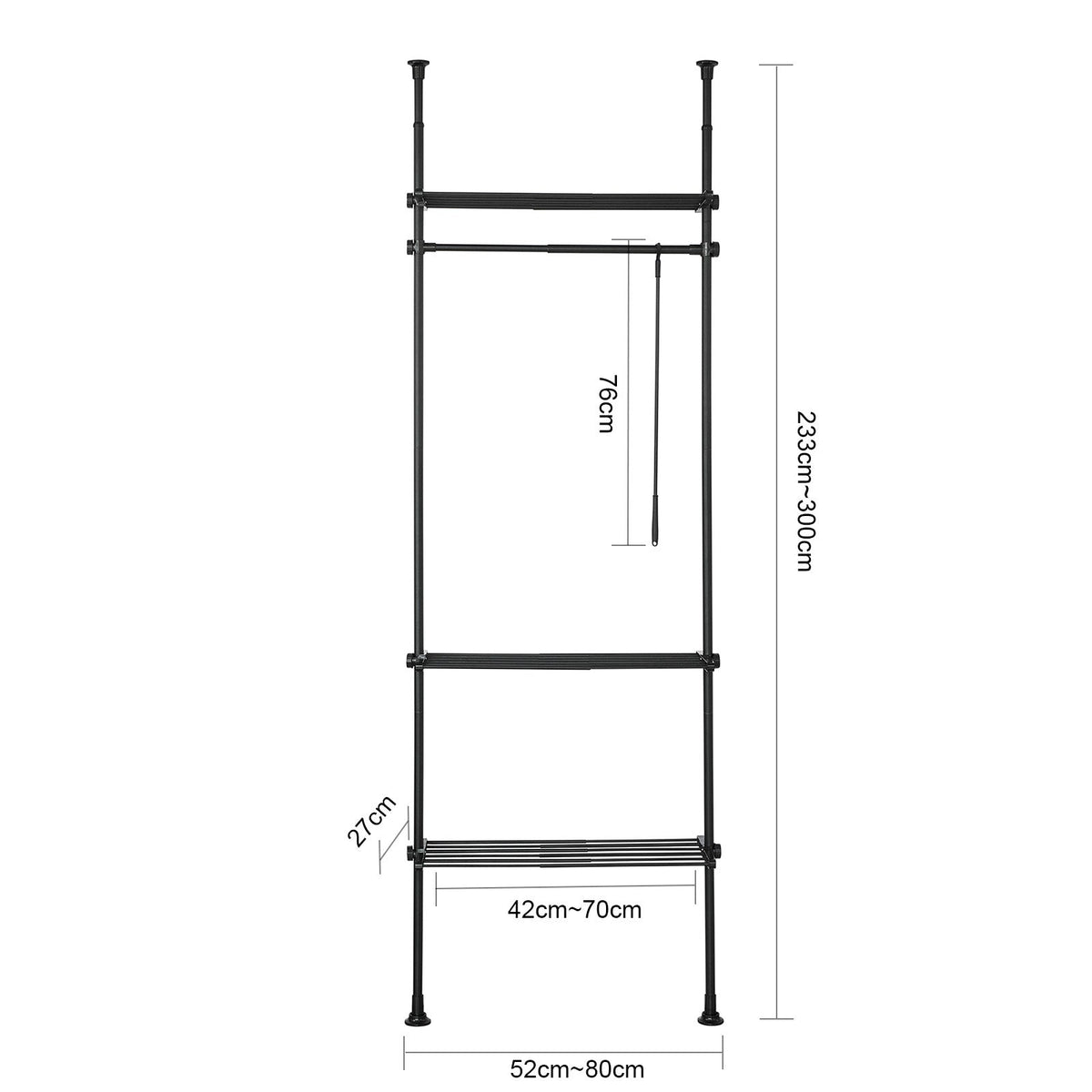 SoBuy Porte-vêtements - 1 barre 3 étagères et 1 fourche Porte-vêtements - 52-80 x 233-300 cm - Noir