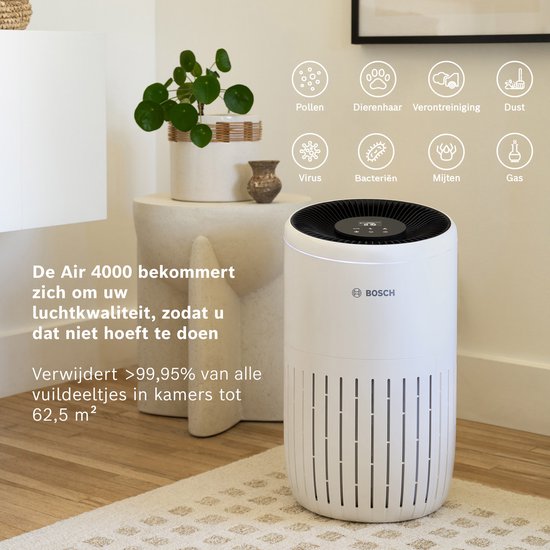 Purificateur d'air Bosch Air 2000 jusqu'à 37,5 m² - Élimine efficacement les impuretés grâce à son filtre HEPA, son capteur intelligent et son mode silencieux - pour les personnes allergiques