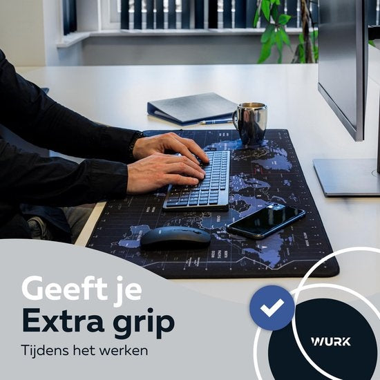 WURK Tapis de bureau professionnel - Carte du monde - Organiseur de bureau - Accessoires de bureau - Tapis de souris XXL - Antidérapant - Comprend un clip pour câble - 90x40