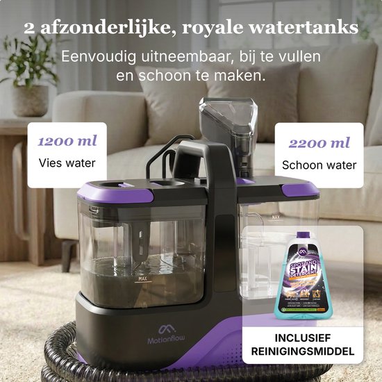 Motionflow Nettoyeur de moquette Go! - Puissant nettoyeur de taches et de canapés de 16 kPa - Appareil de nettoyage pour canapés, sols, voitures et moquettes - Nettoyeur de moquette