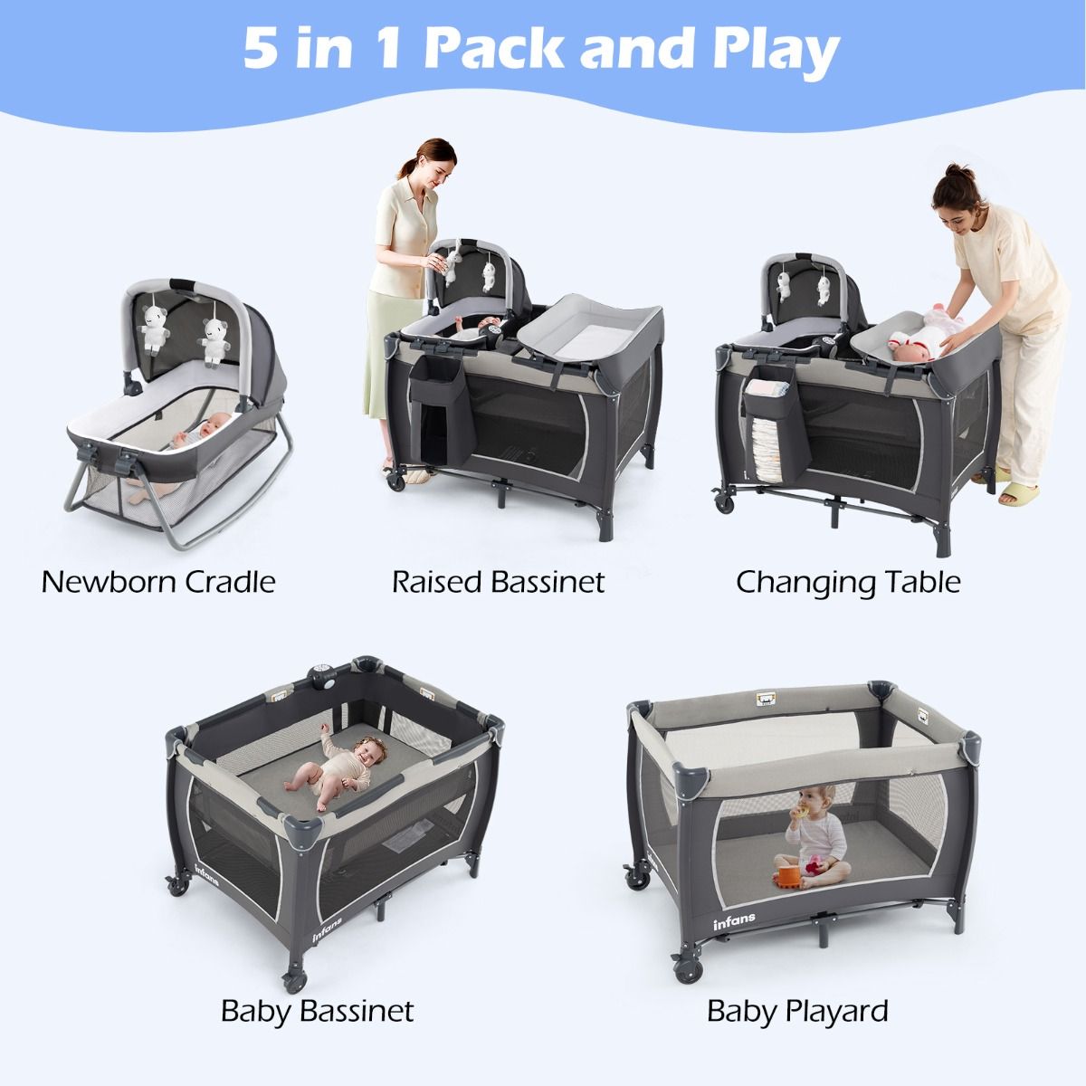 Lit de voyage 5-en-1 Coast pour bébés - Lit pliable avec table à langer et panier de rangement - Sac de transport inclus - Gris