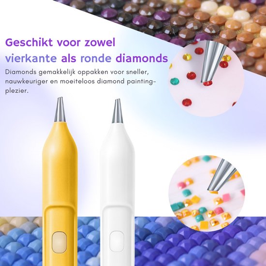 Rubye® - Stylo de peinture électrique pour diamants - Avec technologie d'aspiration - Rechargeable via USB-C - Confortable à utiliser - Pour pierres rondes et carrées - Blanc