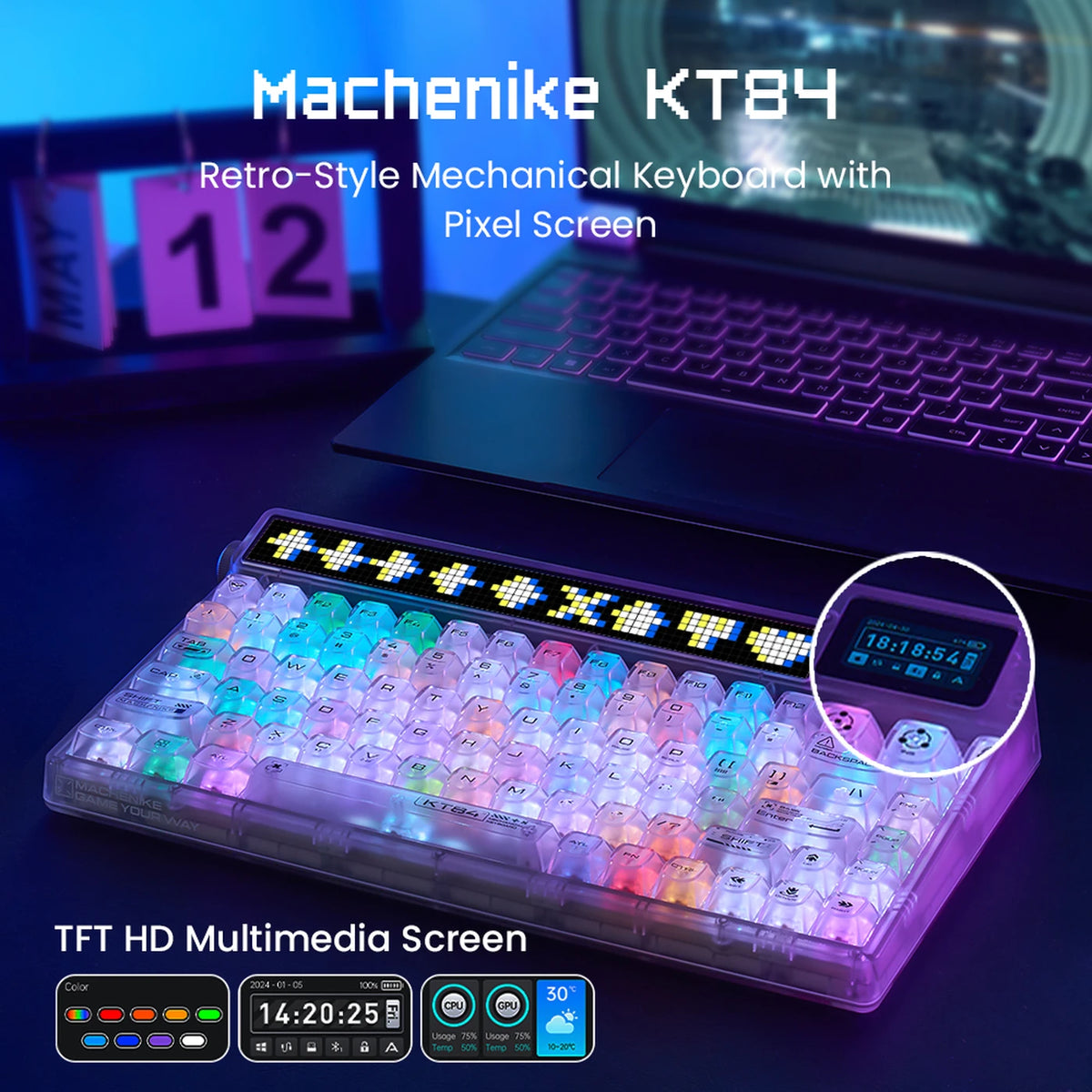 Clavier mécanique Machenike KT84-B84W 75 % - Blanc - Gateron Yellow, RGB, Tri-Mode