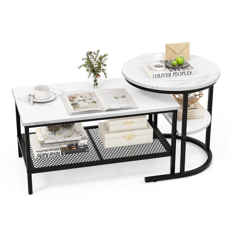 Ensemble de tables d'appoint Coast - table basse et table d'appoint - plateau aspect marbre - noir et blanc