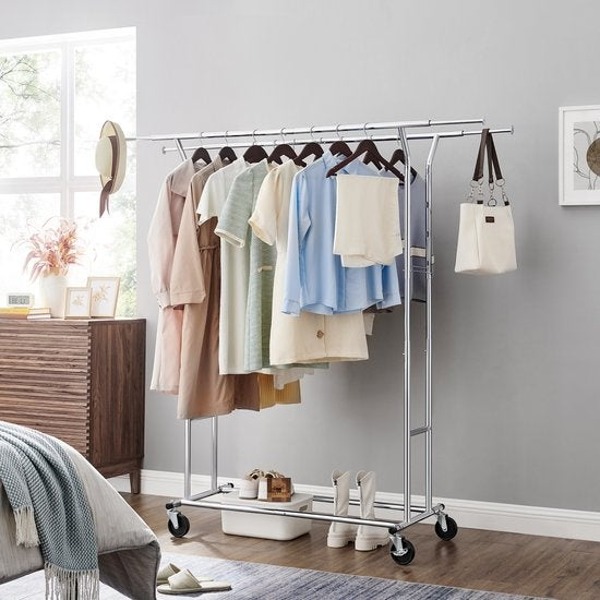 O'DADDY® Clothes Rack - Support de penderie - Double tige - Extensible et ajustable - Design stable - Capacité de charge de 110 kg - Métal - Argent