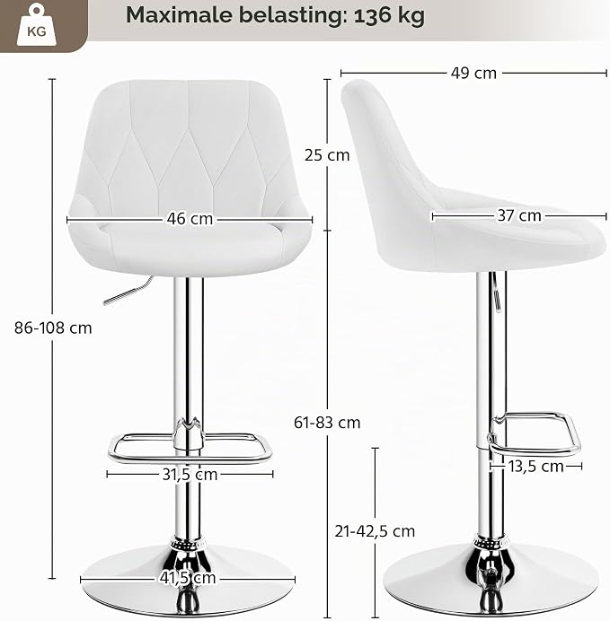 Tabouret de bar Yaheetech avec dossier et repose-pieds - Simili cuir - Réglable de 86 à 107,5 cm - 46 x 49 cm - Blanc