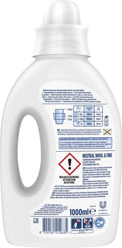 Détergent liquide neutre - Sans parfum et hypoallergénique - Laine et fines - 6 x 20 lavages - Emballage Advantage