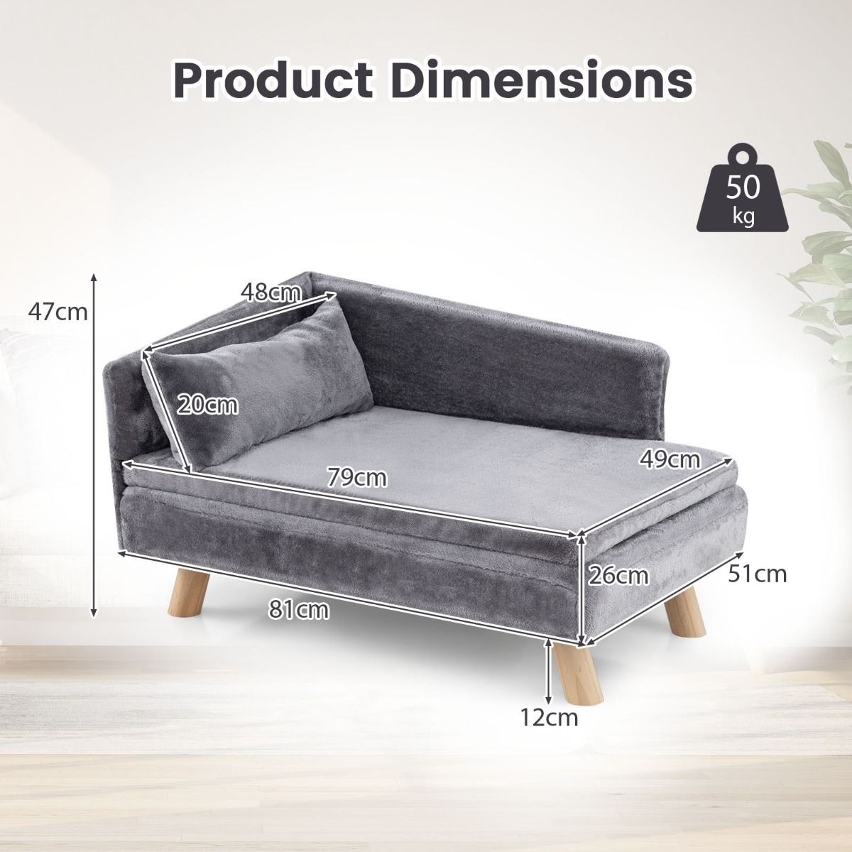 Canapé surélevé pour chien Coast - dossier semi-circulaire - coussin amovible - gris - 81 x 51 x 47 cm