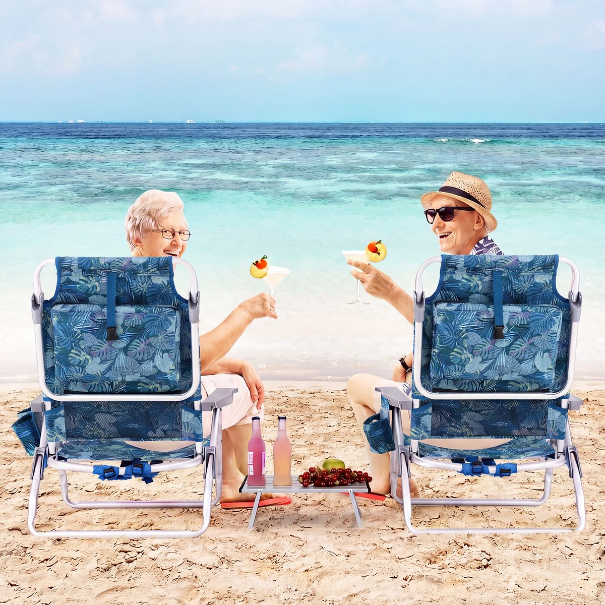 Ensemble de chaises de plage et de table Coast - Réglables sur 5 positions - Pliables - Bleu - Lot de 2 chaises de plage et d'une table