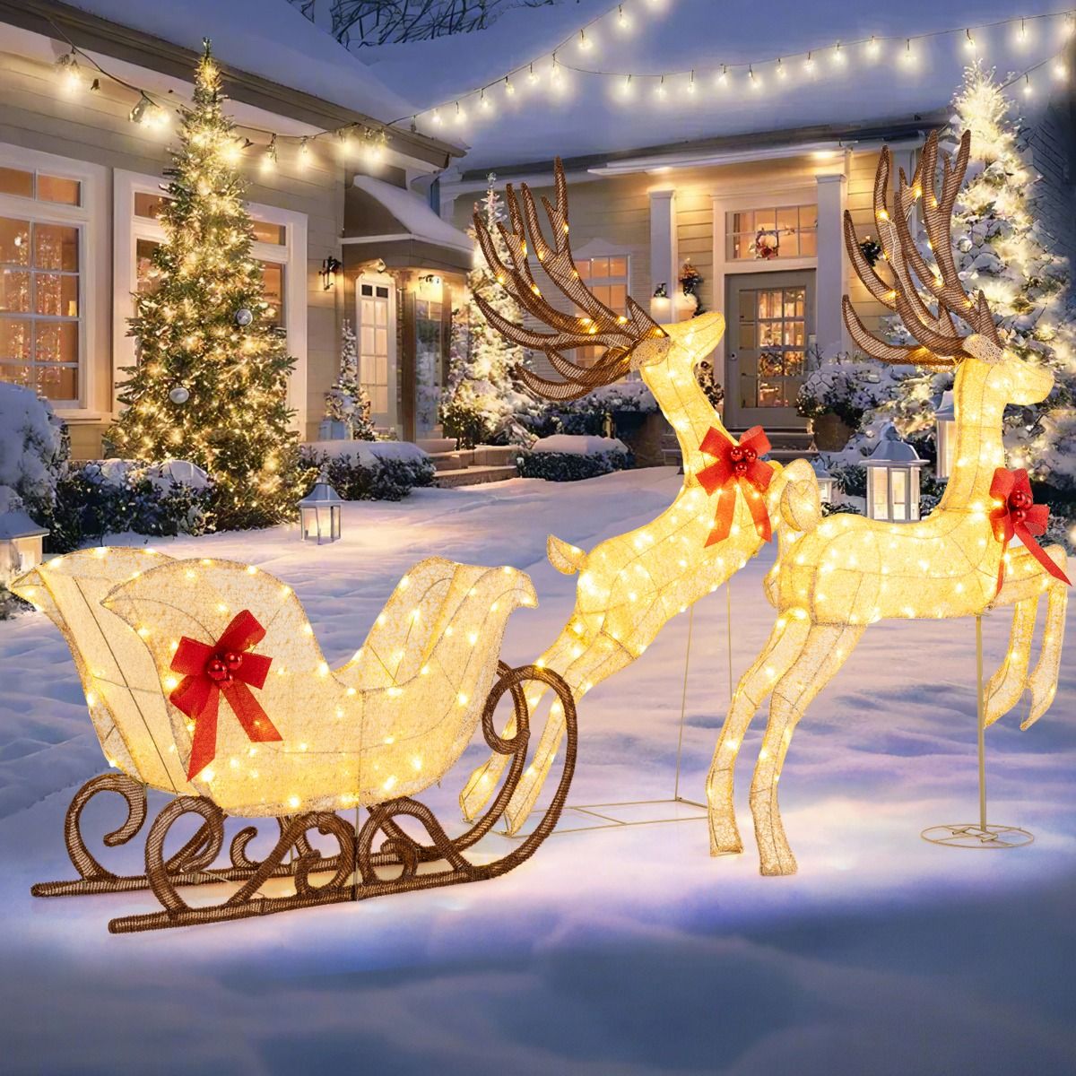 Ensemble Coast de 3 pièces avec renne et traîneau à LED - 280 lumières blanc chaud - multicolore