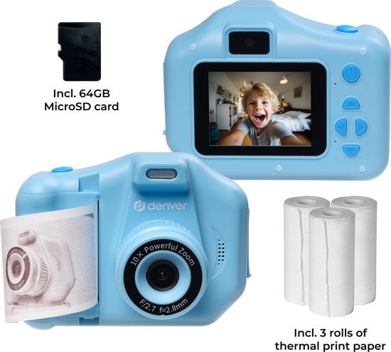 Denver Kids' Camera Full HD with Printer - Selfie Camera - 48MP - Digital Camera Kids - Photo and Video - Games - KPC1370 - Blue