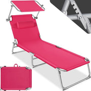 Chaise longue - Tectake® -  Réglable -  structure en acier avec parasol - dossier à 4 positions avec coussin - chaise de plage, jardin, piscine, camping - Rose - 68 x 190 x 28 cm