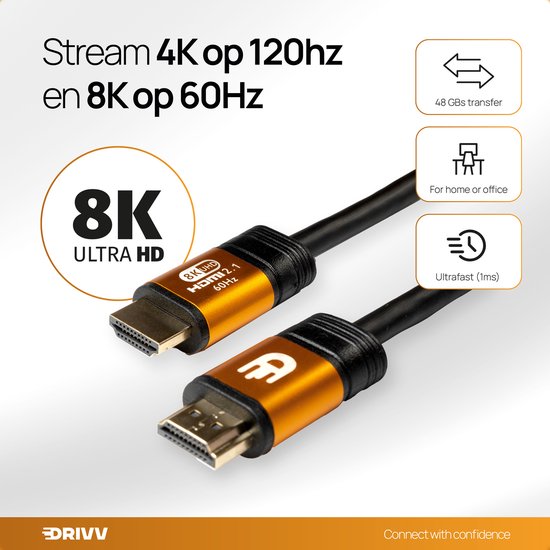 Drivv. Câble HDMI Premium 2.1 - Ultra HD - 8K 60 Hz - 4K 120 Hz - Compatible avec les consoles de jeux - Câbles HDMI - 5 mètres - Orange