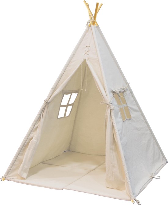 Sunny Alba Tente Tipi Crème/Blanc pour enfants - Tente de jeu Wigwam avec fenêtres en coton - Tente Tipi enfants avec Coussin Tapis - 120x120x160cm - Bâtons en bois FSC