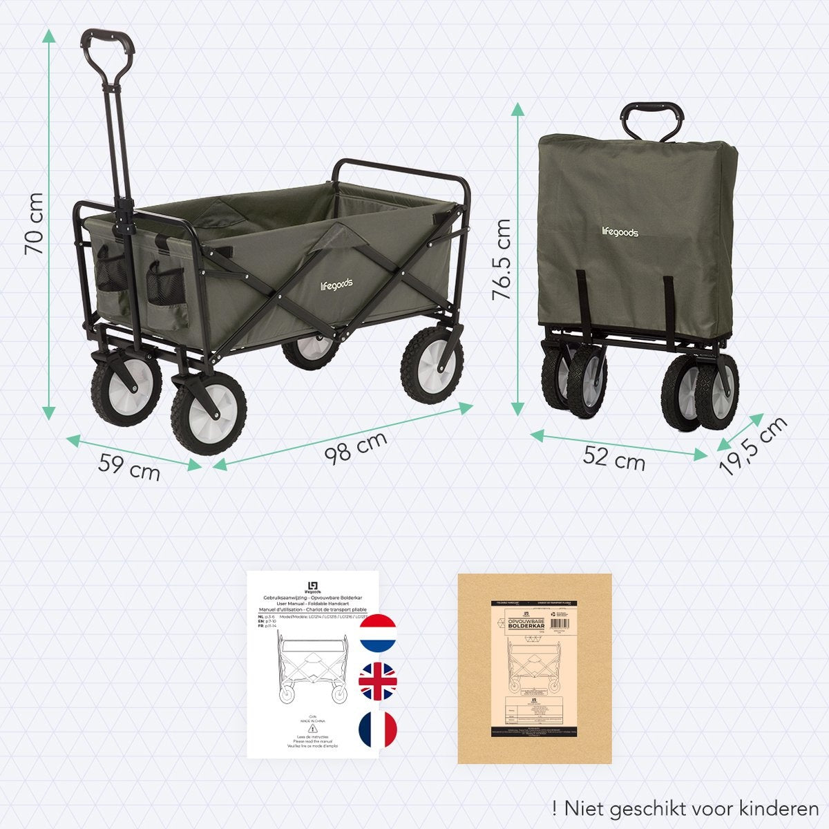 Chariot pliable - LifeGoods - Charge max 70 kg - 59cm x 98cm - vert