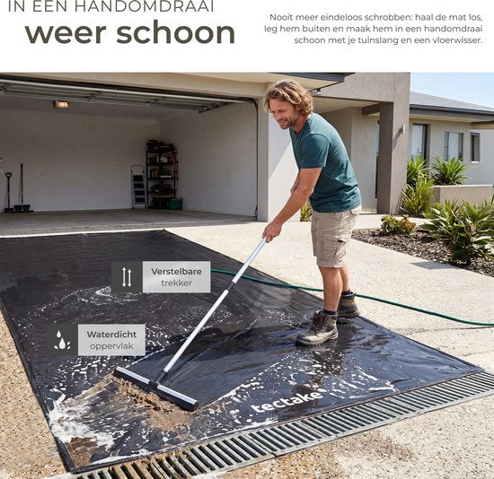 Tapis de garage tectake® - Tapis de sol - 550 x 240 cm - Antidérapant et imperméable - Livré avec une poignée télescopique, des patins velcro et des lingettes alcoolisées - Tapis écologique - Tapis d'atelier - Pour garage, moto et voiture