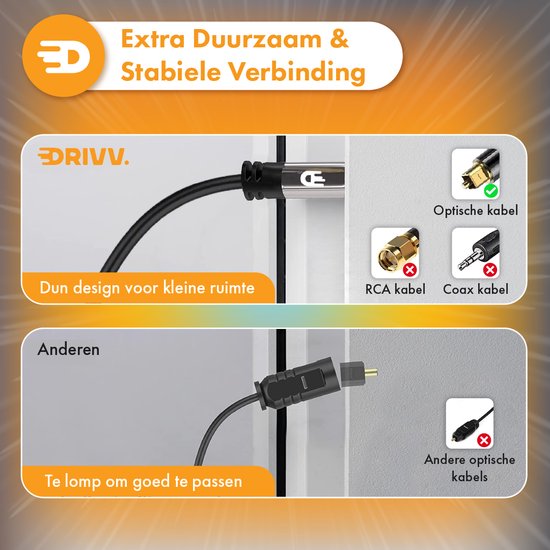 Drivv. Premium Toslink Optical Cable - Câble audio optique - Barre de son - Mâle vers Mâle - 5 mètres - Noir