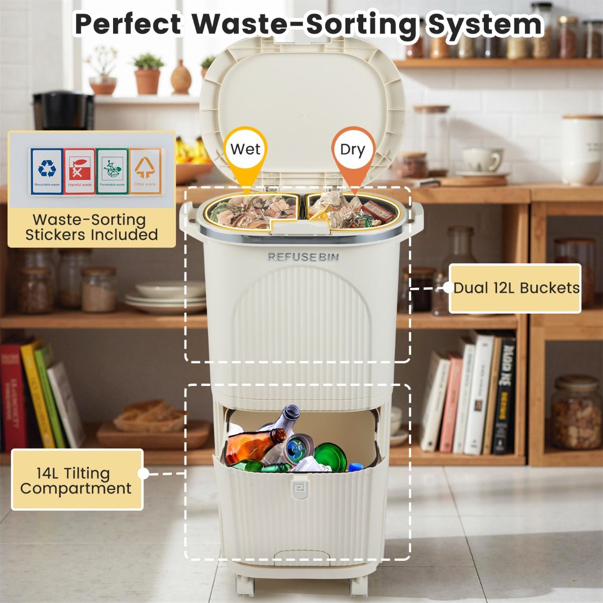 Poubelle de tri sélectif Coast sur roulettes - 3 compartiments - Pédale et bouton-poussoir - Beige - 38 litres