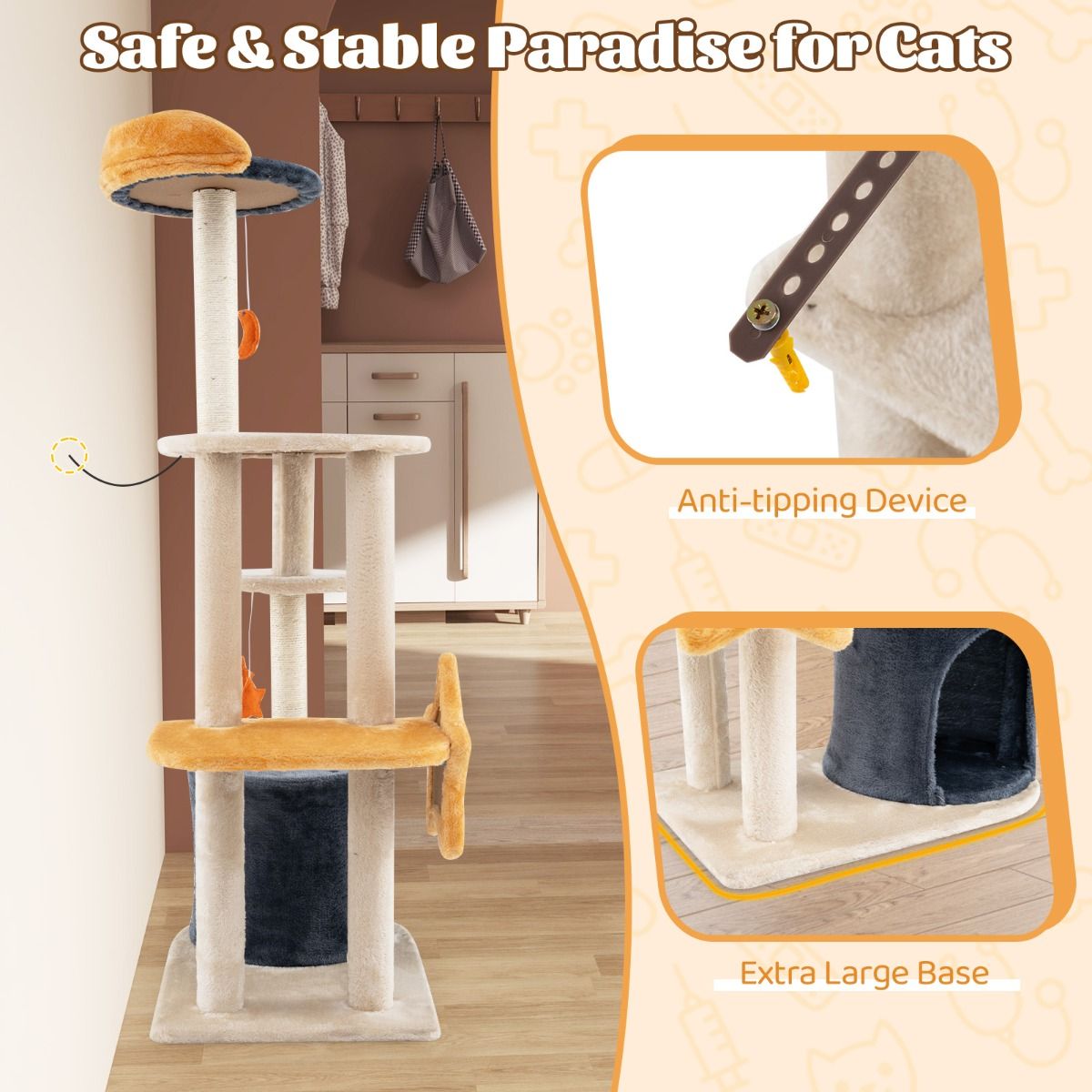 Arbre à chat Coast - 128 cm - Plusieurs étages - Poteaux à griffer en sisal - Beige et gris
