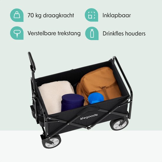 Chariot pliable LifeGoods - 94 L - Capacité de charge de 70 kg - 90 x 50 x 58 cm - Roues pivotantes - Chariot pliable avec housse lavable - Noir
