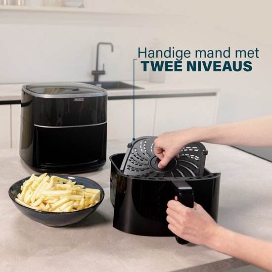 Friteuse à air chaud numérique Princess XXL 182254 - 8 litres - Très grande capacité - Sans PFAS - Friteuse à air chaud - Grille réglable en hauteur incluse - Écran tactile numérique - 8 programmes automatiques - 1 800 W - Noir