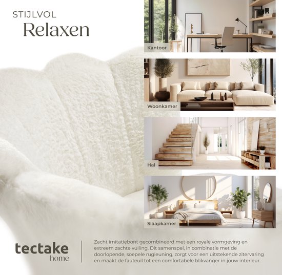 tectake® Fauteuil Stella - Fauteuil avec accoudoir - Chaise de salle à manger confortable - Chaise de cuisine - Rembourrage épais - Pour le salon et la salle à manger - Avec revêtement en fausse fourrure - crème/noir