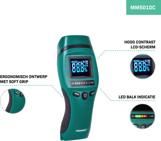 VONROC PRO Humidimètre - Usage professionnel - Précis - LCD rétro-éclairé à fort contraste