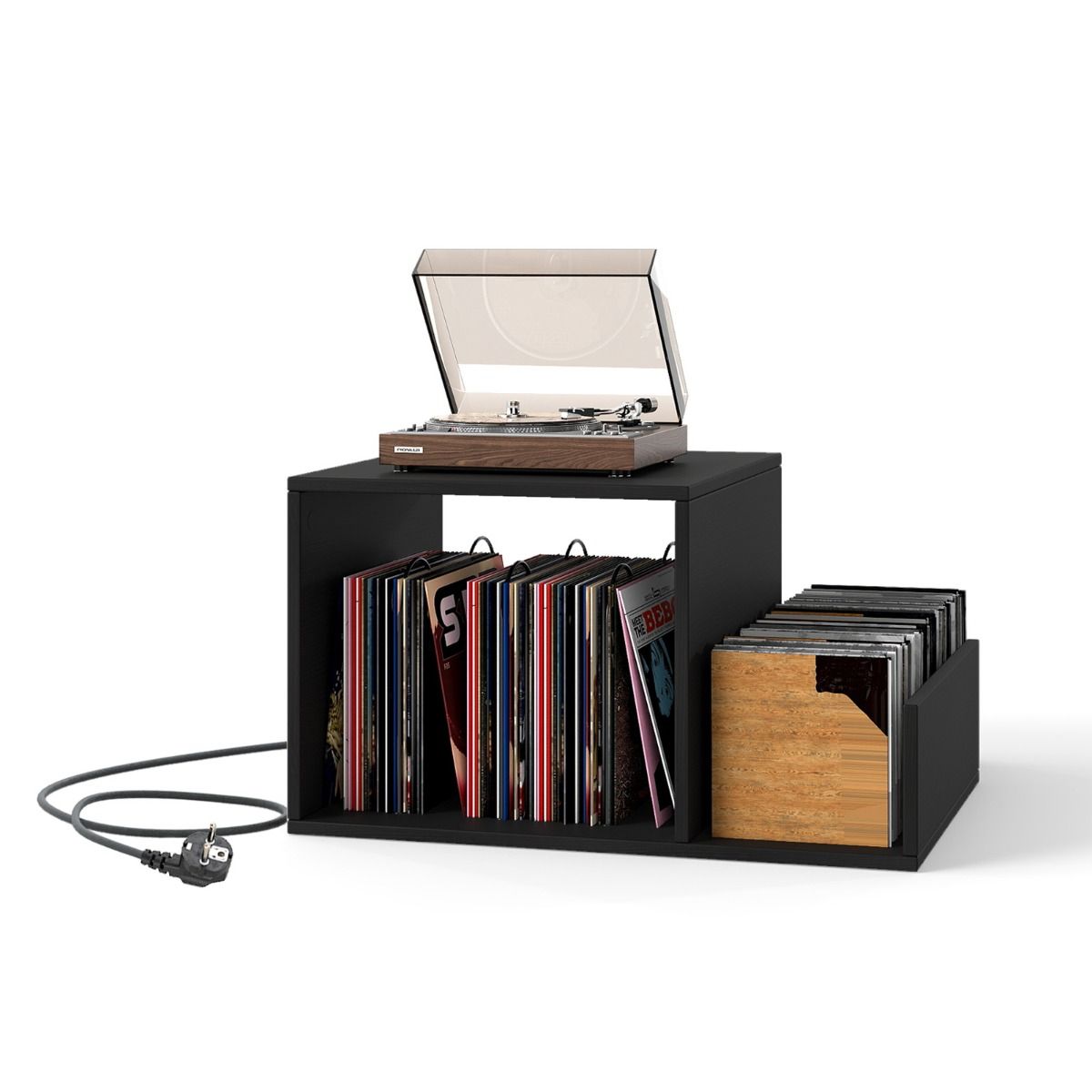 Pied pour platine vinyle Coast - table d'appoint avec prise électrique et port USB - style mid-century - blanc/noir/marron - 66 x 45 x 67 cm