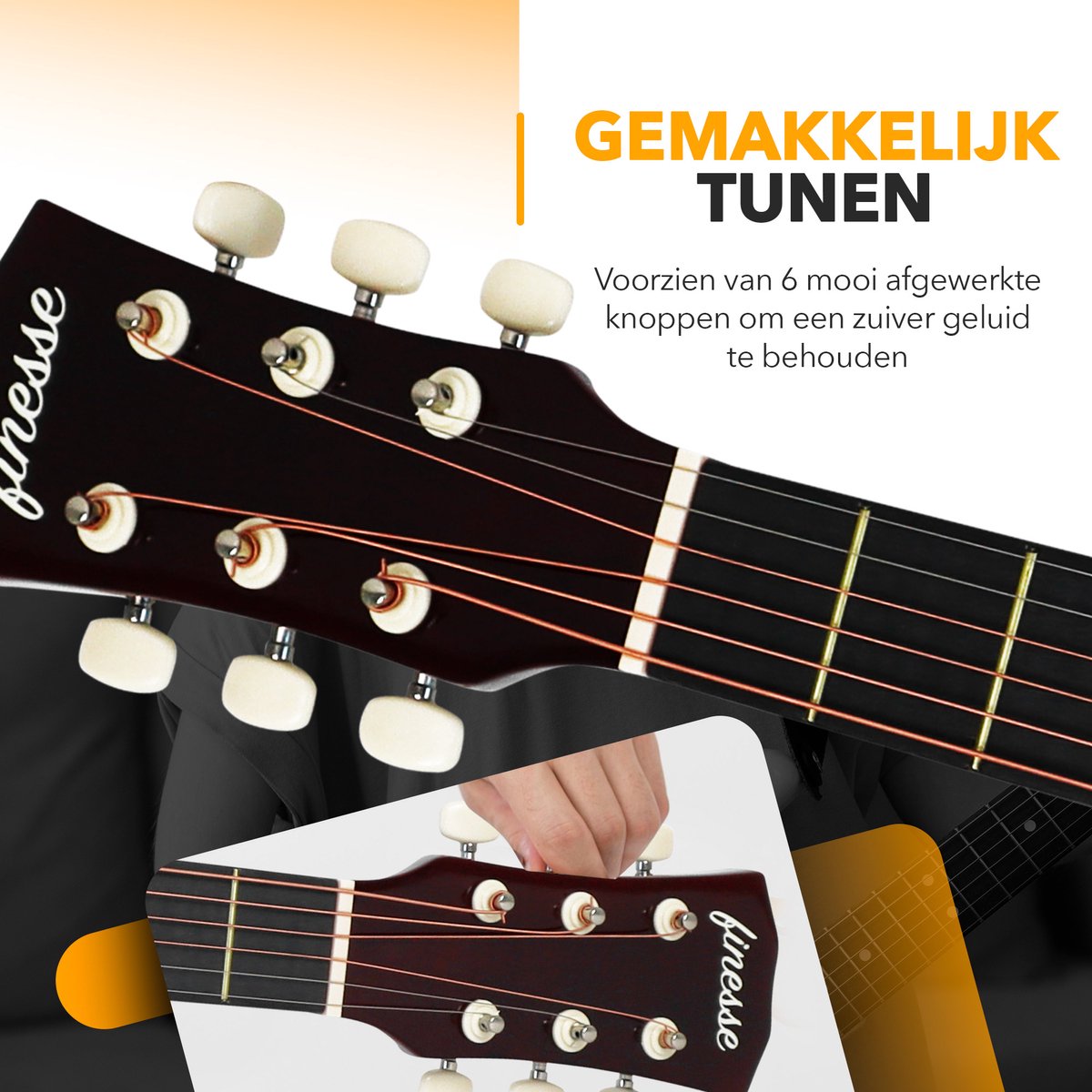Kit de démarrage pour guitare acoustique Finesse - 38 pouces - Avec accessoires et cours vidéo - Noir