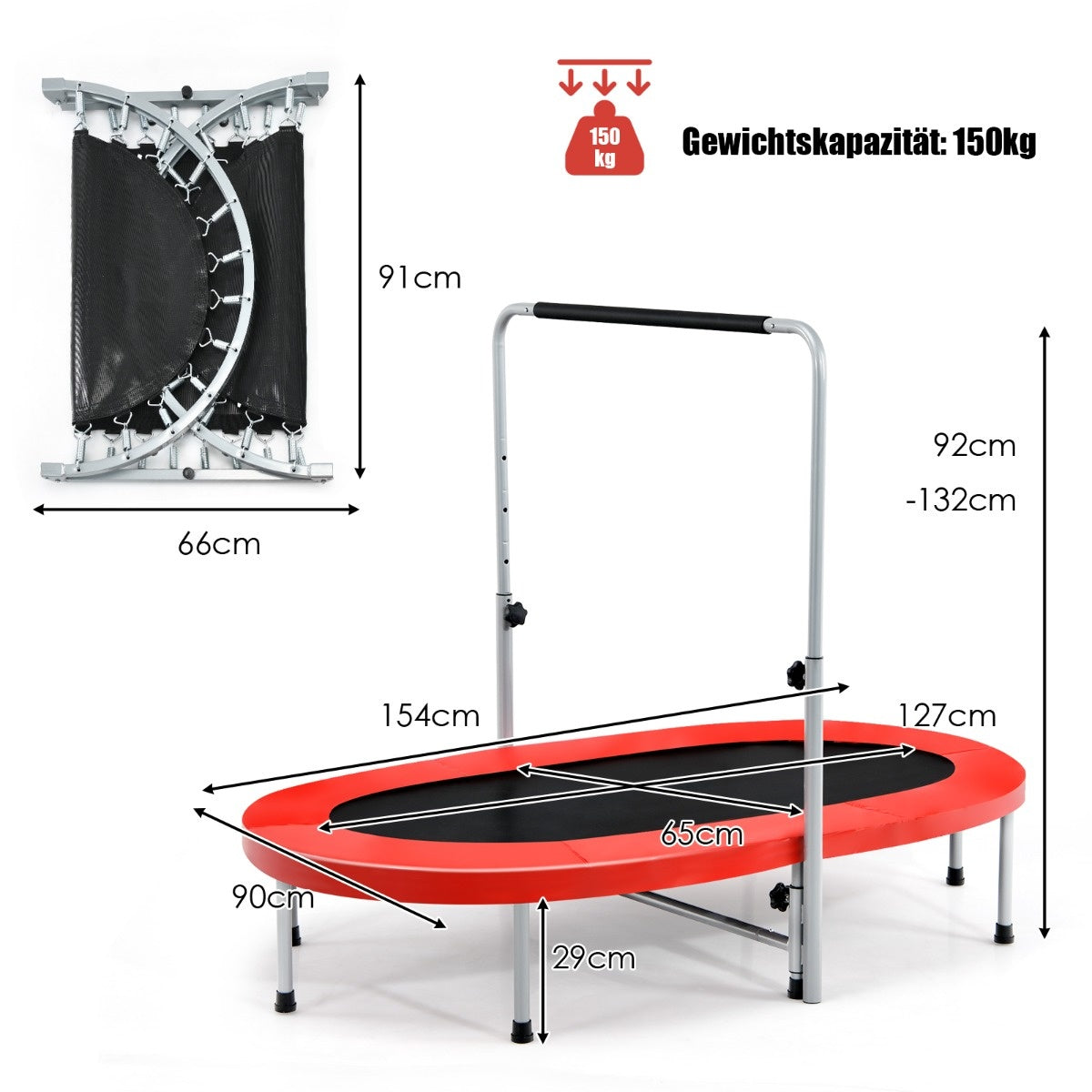 Coast double trampoline trampoline fitness pliable avec main courante réglable 154 x 90 x 92 -132 cm rouge