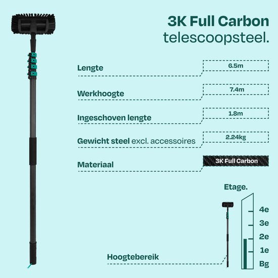 Brosse de lavage télescopique VONROC PRO 3K entièrement en carbone – 6,5 m - Avec tête de brosse à 5 pans, tuyau d'arrosage de 9 m et distributeur de savon