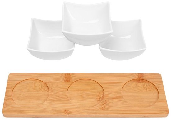 Excellent Houseware - Plateau de service / plateau apéritif - amuse-bouches / sauce / tapas - porcelaine - avec 3 petits bols