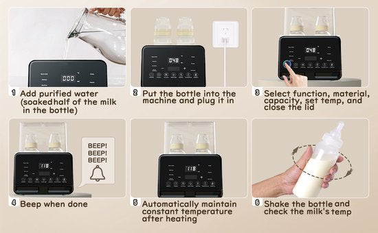 Chauffe-biberons double Fuegobird - Affichage numérique de la température - Réchauffage du lait en poudre/du lait maternel/des aliments pour bébés - Réchauffage rapide - Stérilisation à la vapeur - Maintien au chaud et décongélation - Peut accueillir 2 bi
