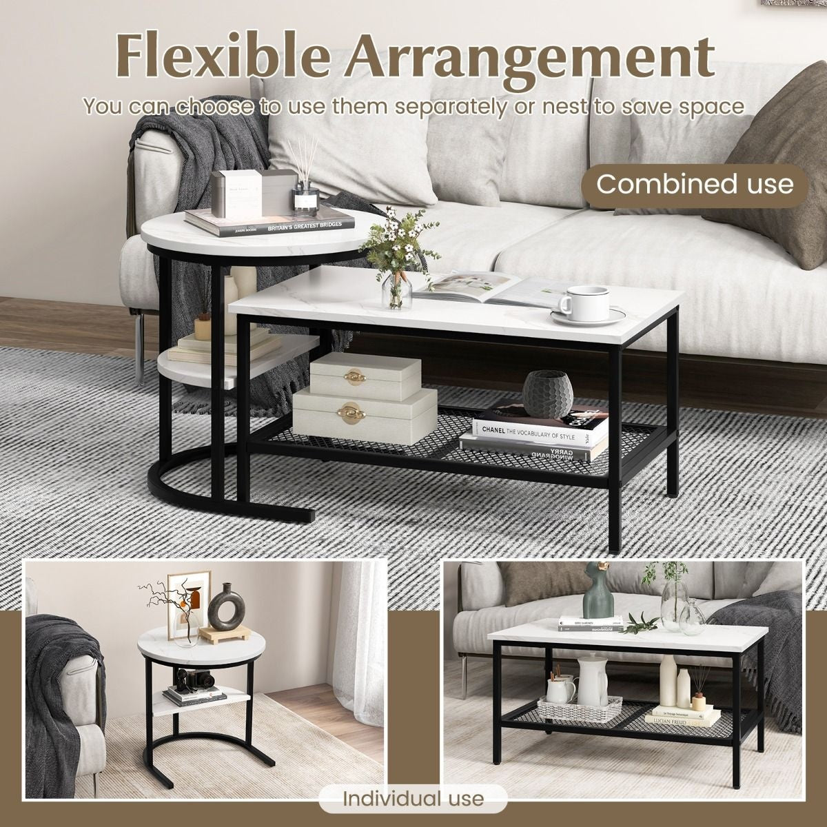 Coast Side Table - Set of 2 - Marble print - White/Black
