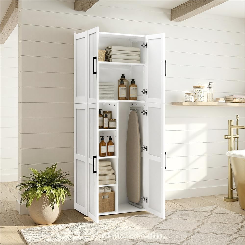 Armoire de rangement Yaheetech 60 × 37,5 × 175,5 cm – 4 portes, étagères réglables, blanche