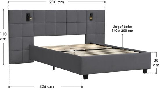 Lit capitonné Luzano - 140x200cm - Velours - Liseuse incluse - Gris foncé