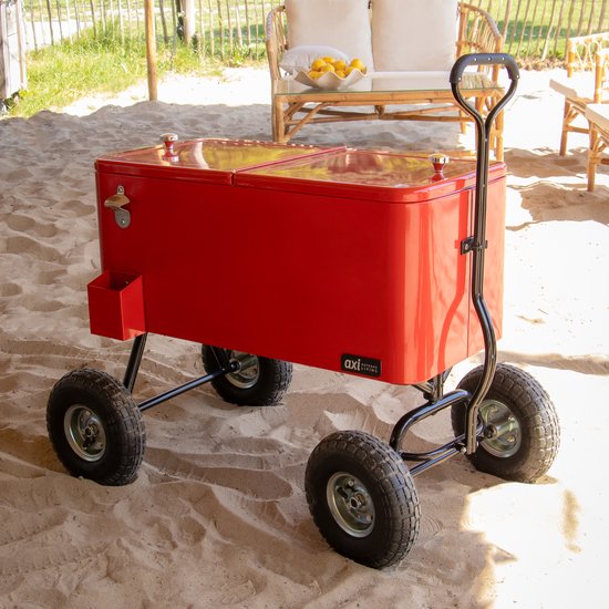 Glacière AXI Bolderwagen en rouge - Chariot de plage - Glacière à roulettes - Capacité de 76 L - Glacière avec robinet de vidange