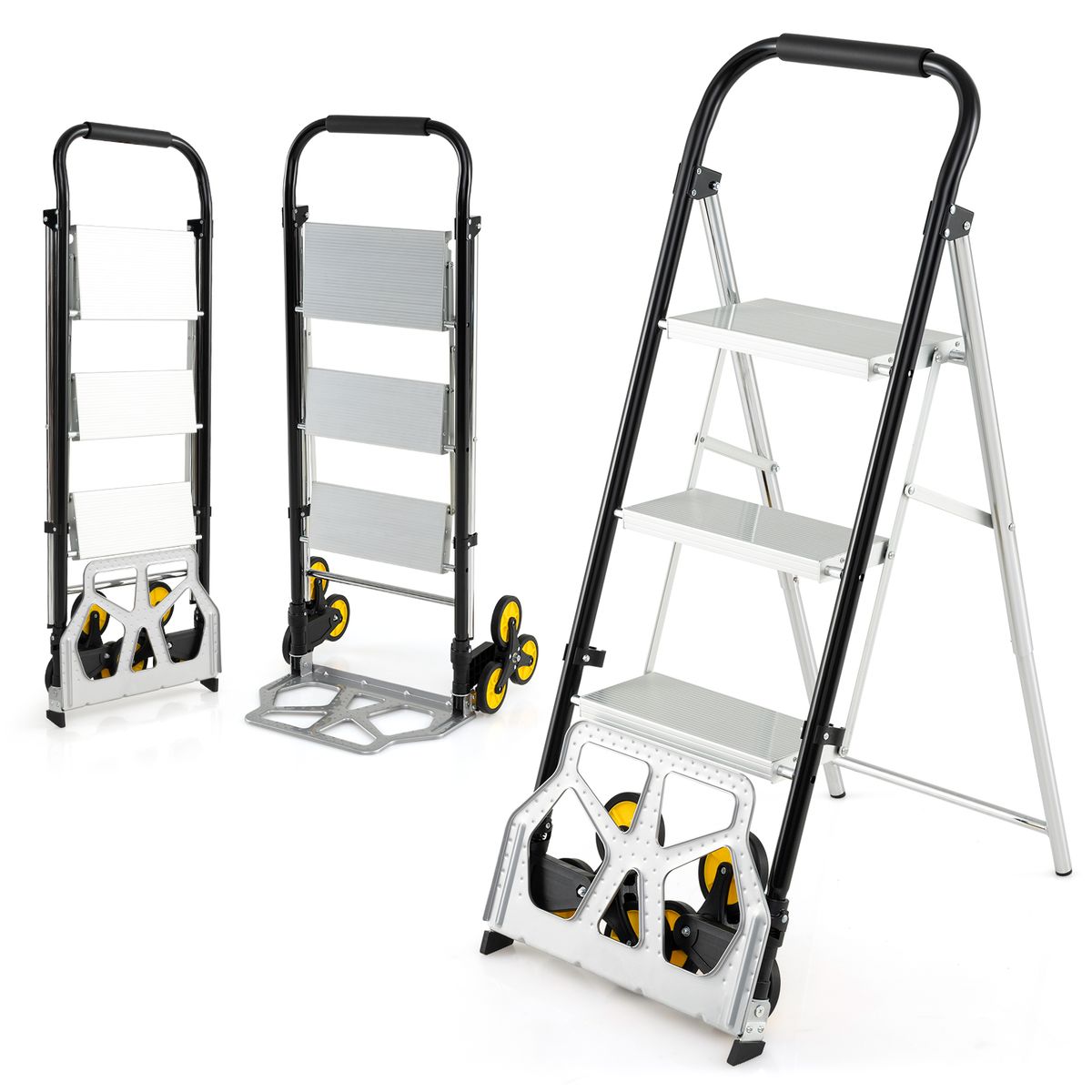 Chariot de transport pliable 2-en-1 Coast et escabeau à trois marches - aluminium - usage intensif - argent/noir