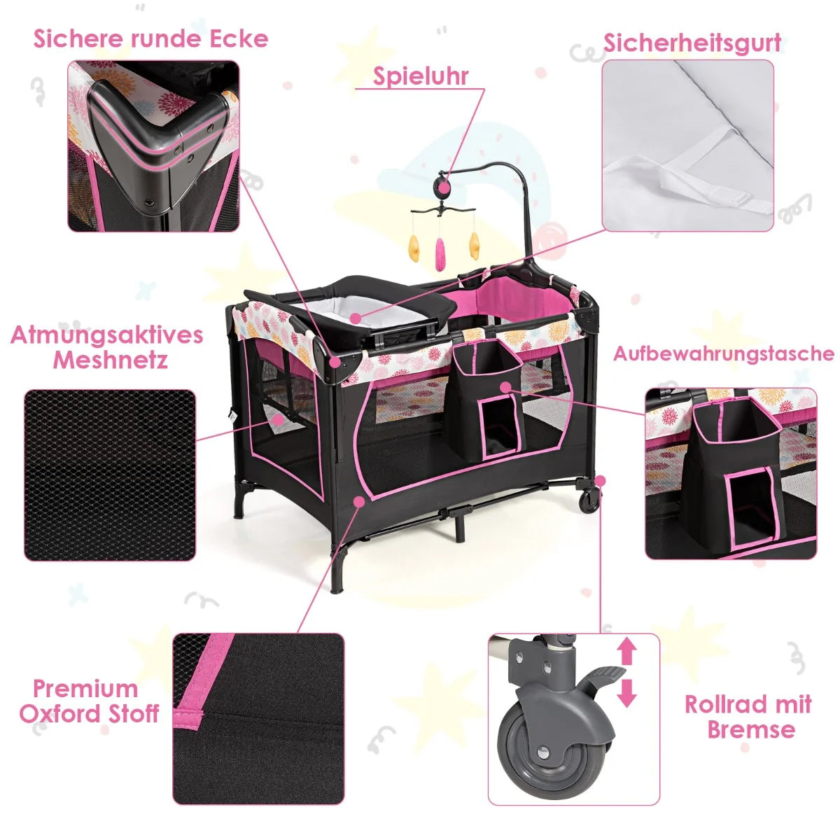 Lit bébé portable - Coast - 3 en 1 – Avec table à langer, aire de jeu, mobile et boîte à musique – Pliable – Noir & rose