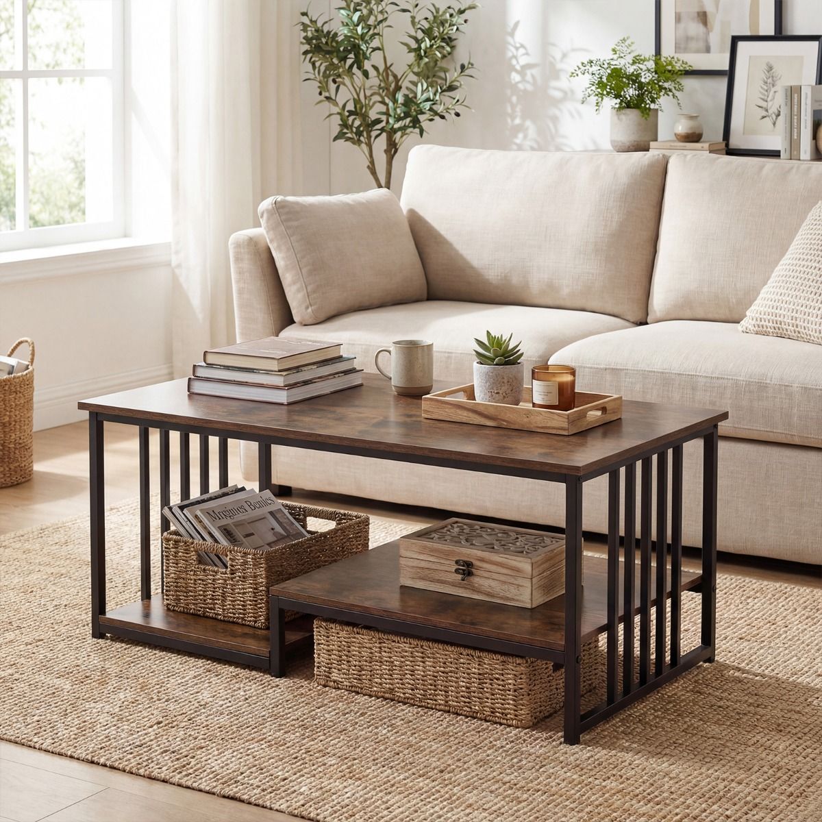 Table basse Coast - rectangulaire - 2 tablettes - marron rustique/noir - 110 x 60 x 45 cm