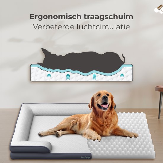 Lit orthopédique pour chien CozySense® - 90 x 54 cm - Taille L - Lit imperméable avec housse lavable - Peut servir de coussin pour cage - Blanc