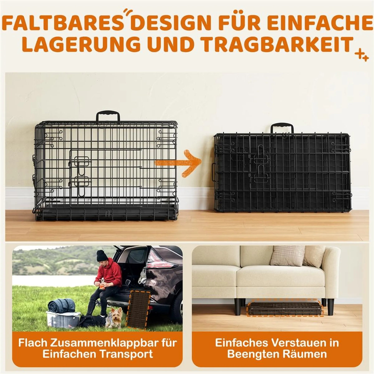 Yaheetech Banc pliable pour chien - 76 x 45 x 51 cm - Avec cloison et plaque de fond amovible et double porte - Pour petits chiens - Métal noir et plastique