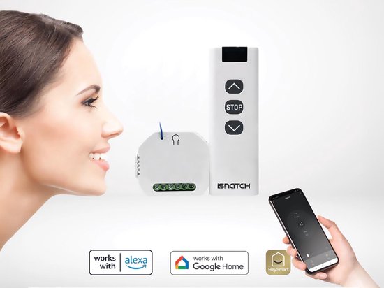 HeySmart Module wifi intelligent pour volets avec télécommande, compatible avec l'appli pour la télécommande, fonction minuterie, encastré 503 ou rail DIN, facile à installer.