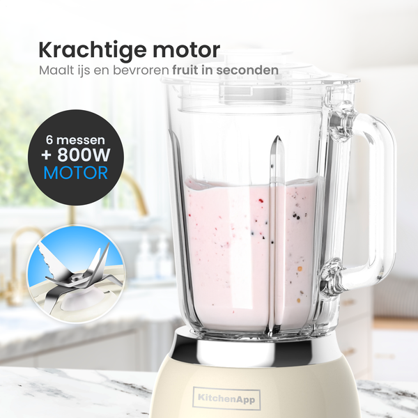 Mixeur KitchenApp Retro, pichet en verre de 1,5 litre - 800 W - Glace pilée, smoothies et fonction « Pulse » - Vitesse réglable en continu - Beige