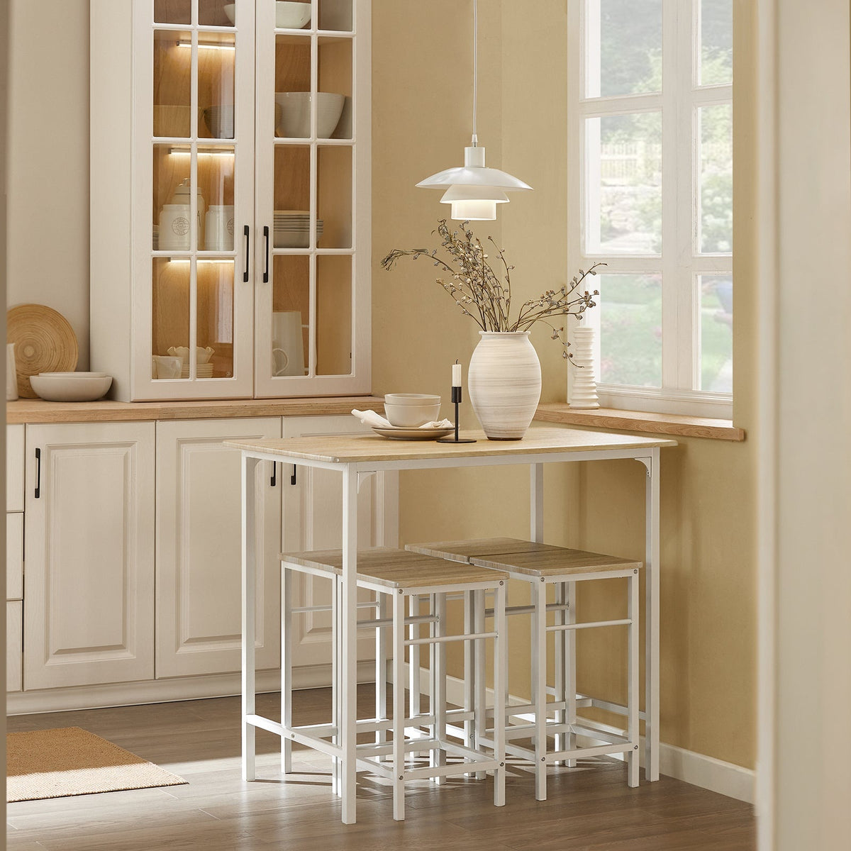 SoBuy Table de bar avec 4 tabourets - Moderne - max. 120 kg - Blanc / Marron