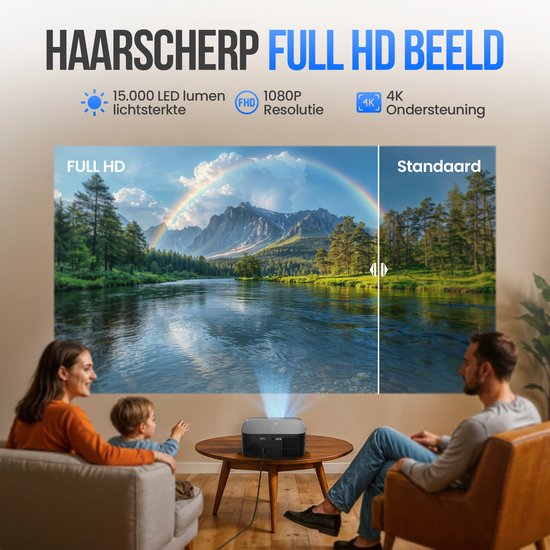 Strex Smart Beamer WiFi - Mini-projecteur avec applications (WhaleOS) - Projecteur Full HD 1080p - Compatible 4K - Bluetooth et haut-parleurs intégrés - Sac de rangement et écran de projection inclus