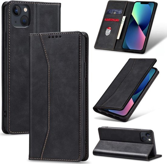 Podec Case with Card Holder Suitable for iPhone 13 Mini Black Phone Case - Anti-Shock Bookcase Cover with 1x Screen Protector - Wallet Case