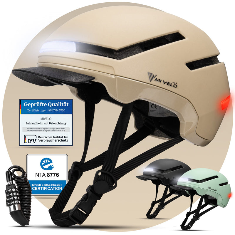 Casque de vélo Mivelo Nova avec feux avant et arrière - Taille L 57,5–61 cm - Beige