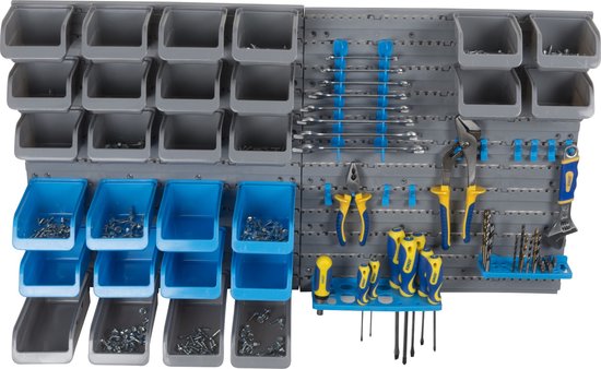 Panneau à outils Kinzo - 43 pièces : panneau à outils en 2 parties, 28 bacs de rangement, 10 crochets à outils et 3 porte-outils