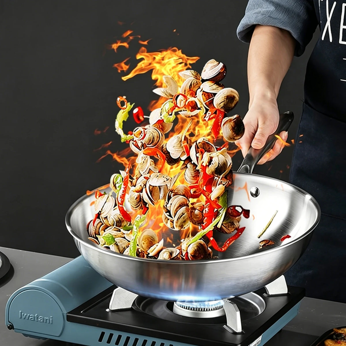 Wok Maxcook MCC7911 en acier inoxydable de 28 cm avec couvercle en verre